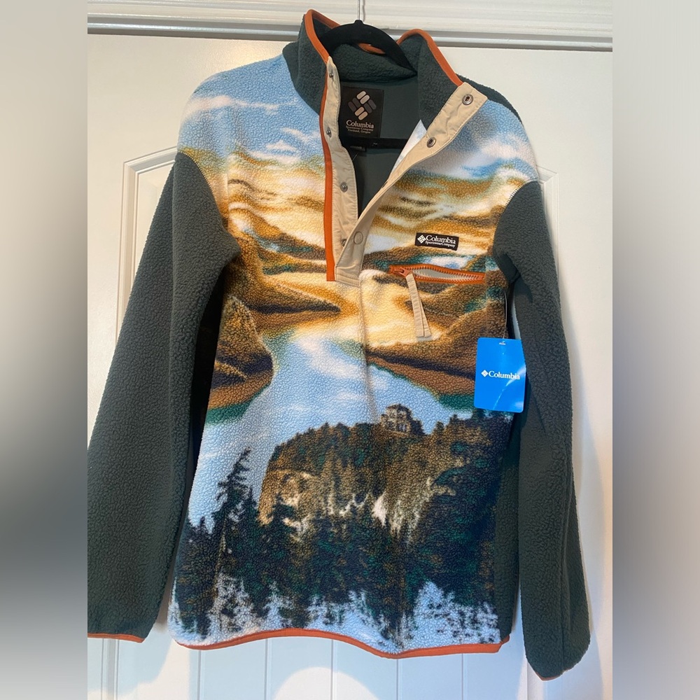 NWT Columbia Mens Helvetia Half Snap Neck Fleece River Landscape Print- Small